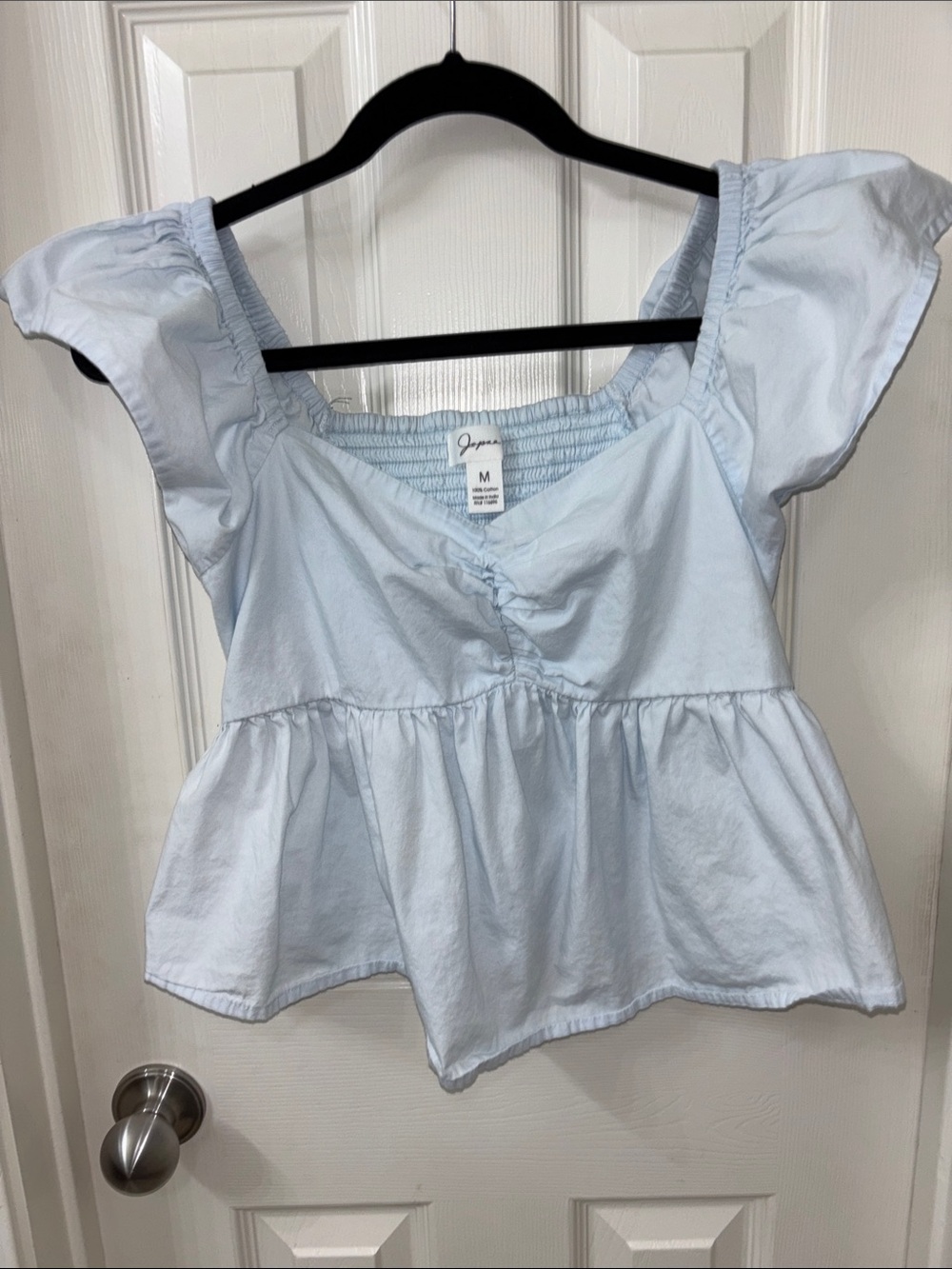 Japna Light Blue Peplum Puff Sleeve Top - Picture 2 of 4